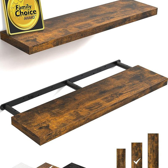 BAYKA Floating Shelves, 36" Wall Mounted Rustic Wood Shelves for Bathroom, Bedroom, Living Room, Kitchen, Office, Hanging Shelf for Books/Storage/Decor(Rustic Brown,Set of 2)