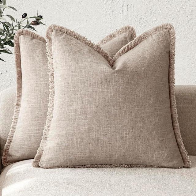 Foindtower Set of 2 Decorative Linen Fringe Throw Pillow Covers Farmhouse Cushion Cover with Tassels Soft Accent Pillowcase for Couch Chair Sofa Bed Living Room Home Decor,16×16 Inch,Natural Linen