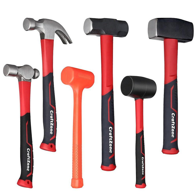 6-Piece Rubber Mallet Hammer Set with 2lb Dead Blow - 3lb Sledge & Stoning - 16oz Ball Pein Claw Hammers | Anti-Vibration Fiberglass Handles for Construction Metalworking Automotive & DIY Projects