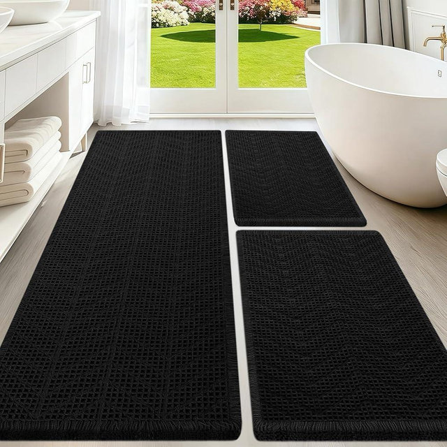 Upgraded Waffle Bath Mat Set 3 Piece Black-Herringbone, Super Absorbent Non-Slip Quick Dry Bathroom Rugs with Tassels, Machine Washable Ultra Soft Boho Bath Rugs, Toilet Mats Boho Farmhouse Decor