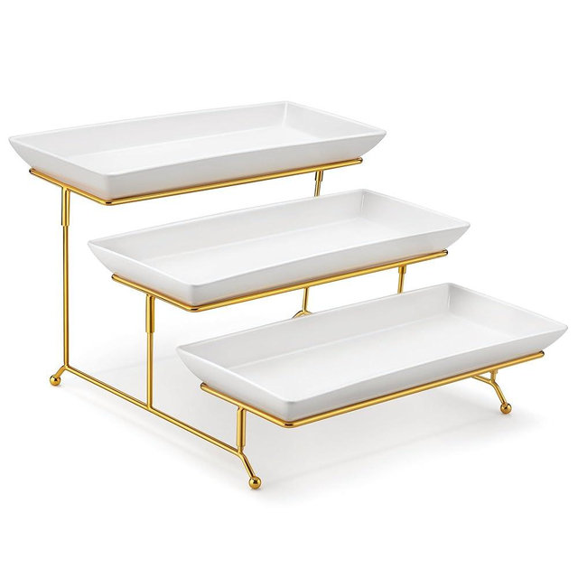 MALACASA 3 Tier Serving Trays for Party, 14 Inch Porcelain White Trays for Serving Food, Dessert Stand with Collapsible Gold Metal Rack