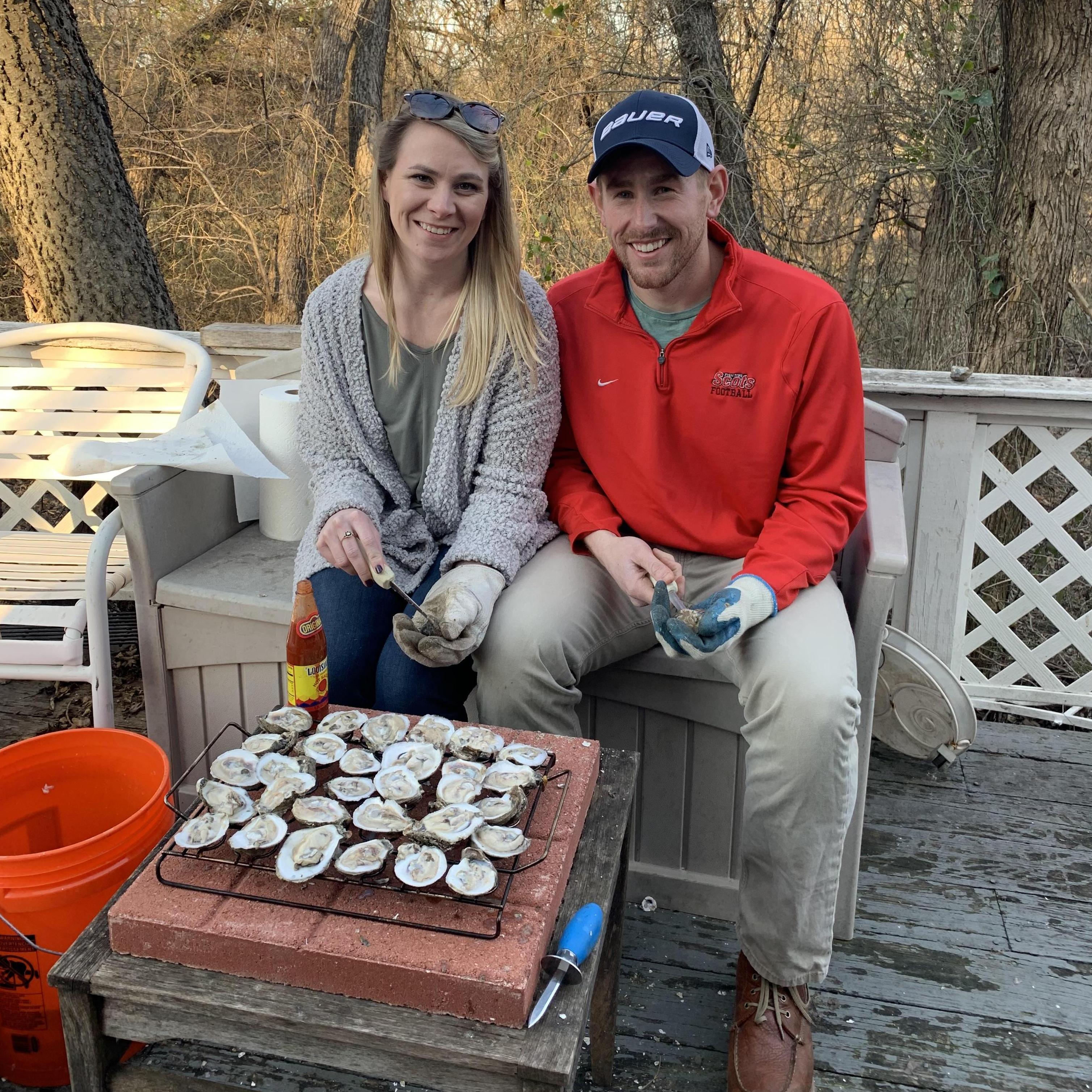 Shucking oysters with some friends outside of Dallas!