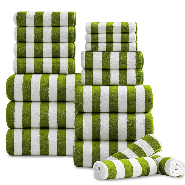 18 Pcs Green Stripe Bath Towel Set with Hanging Loop-6 Bath Towels,6 Hand Towels,6 Washcloths Soft Family Towels Set Bathroom Towel Highly Absorbent Quick Dry Shower Towel for Beach Spa Gym Hotel