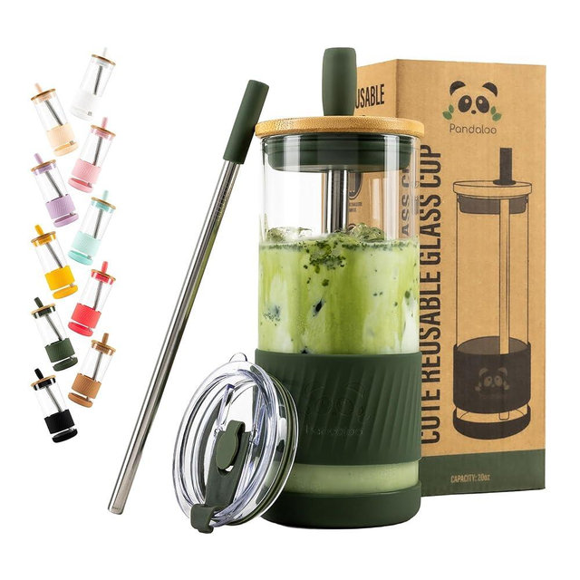 Pandaloo Glass Cups With Lids and Straws -20 Fl Oz- Perfect for Iced Coffee, Smoothie Cup With Bamboo Lid and On the go Lid (1 Count (Pack of 1), Mediterranean Olive)