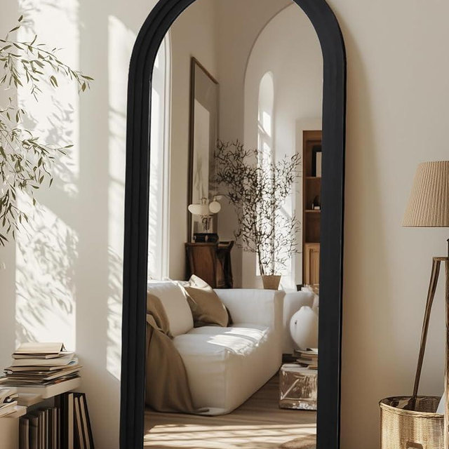 Coomily Full Length Mirror, 71"×32" Wooden Mirror Full Length with Stand Wood Floor Mirror, Oversized Stand Up Mirrors Large Wall Mirrors, Wall Mounted Mirrors, Arched Vintage Style, Black