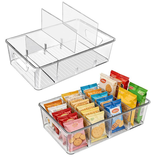 JOVANJA Stackable 4-Compartment Pantry Organizers and Storage, Clear Plastic Storage Bins with Removable Dividers Suitable for Pantry, Office, Kitchen, Cabinet & Fridge Organization, 2-Pack