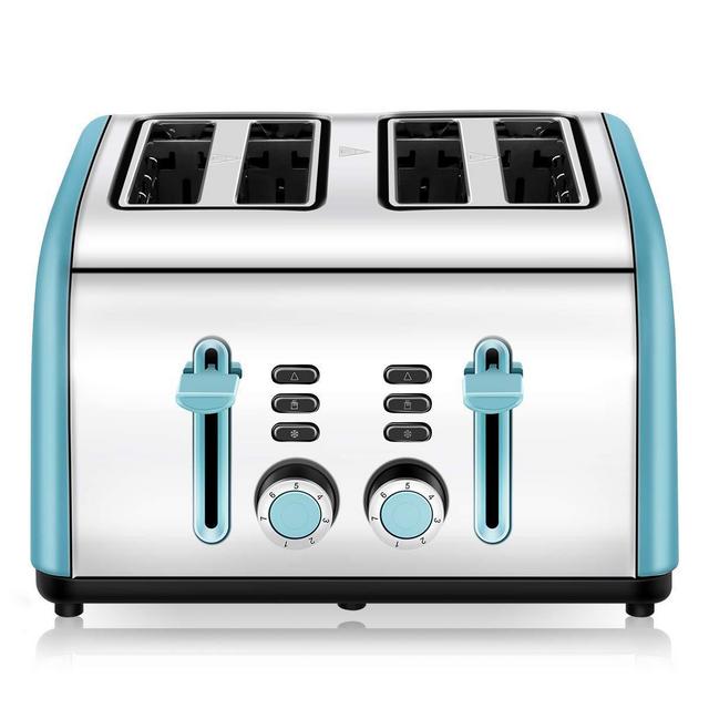 4-Slice Toaster, Chitomax 4 Wide Slots Stainless Steel Toasters with Reheat Defrost Cancel Function, 7-Shade Setting, Blue
