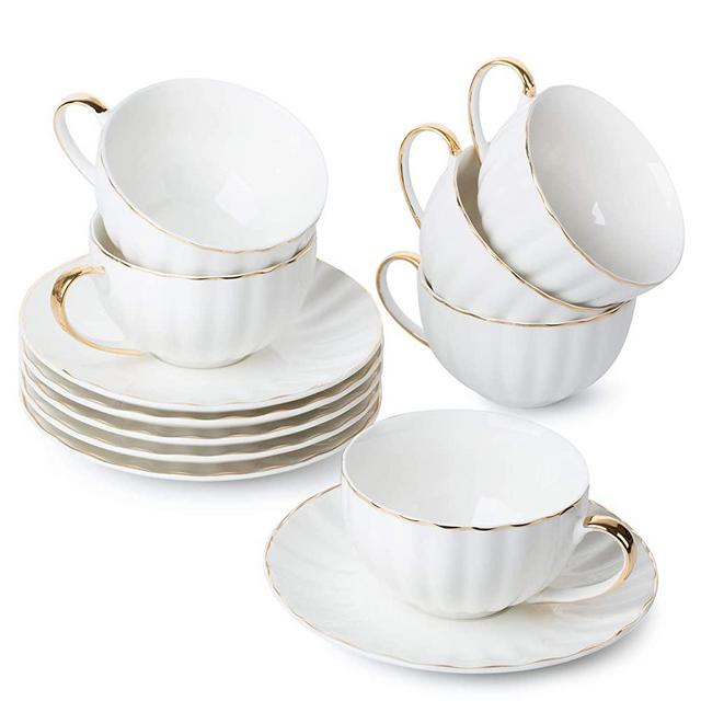 BTäT- Tea Cups and Saucers, Set of 6 (7 oz) with Gold Trim and Gift Box, Cappuccino Cups, Coffee Cups, White Tea Cup Set, British Coffee Cups, Porcelain Tea Set, Latte Cups, Espresso Mug, White Cup