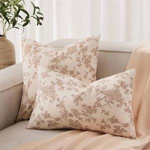100% Cotton French Pastoral Throw Pillow Covers Set of 2, 18x18 Inch Brown Farmhouse Decorative Cushion Covers for Sofa Bed Living Room Home Decor