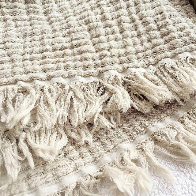KyraHome 100% Organic Muslin Cotton Throw Blanket for Bedroom, Couch, 4-Layer Pre-Washed Plant Dyed, Breathable, Cozy, Summer Lightweight Bedspread Coverlet, All Season (90"x90" Pale Khaki/Sandshell)