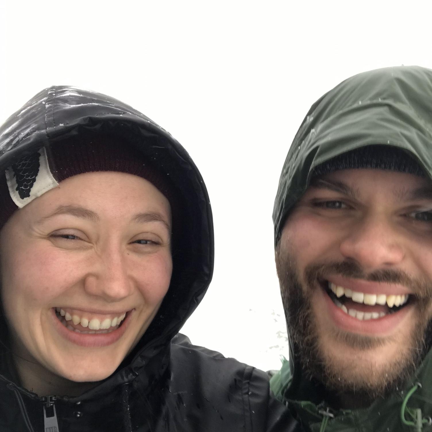 Our first picture together at the top of Mount Pilchuck! We were soaking wet and got a flat tire on the way home. One of our most memorable experiences together.