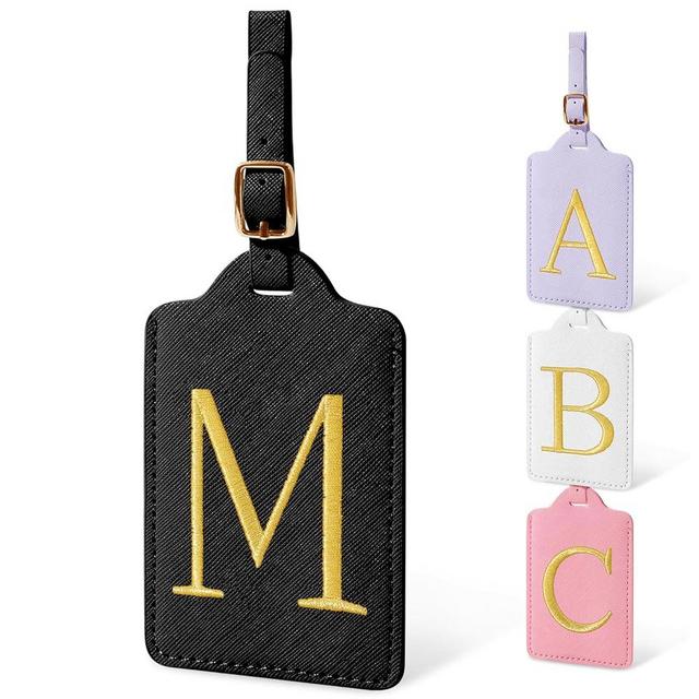Personalized Initial Luggage Tags for Suitcases, Cute PU Leather Embroidered Letter Travel Luggage Tags, Suitcase Identifier Name Baggage Tag, Bag Tags for Men Women Kids Luggage Handbags(Black M)