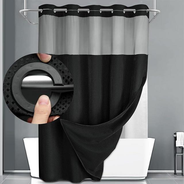 YellyHommy No Hook Shower Curtain with Snap in Liner Set Black Waffle Shower Curtain for Bathroom 75" L x 72" W