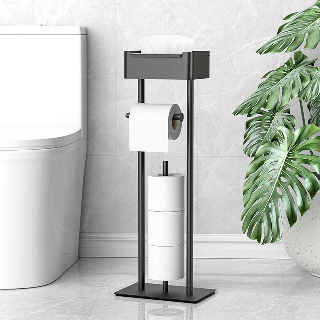 Toilet Paper Holder Free Standing - Toilet Paper Stand with Shelf - Storage for 4 Rolls- Bathroom Organizers, No Drill, for Large Toilet Rolls, Matte Black