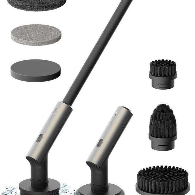 HOTO Electric Spin Scrubber, IPX7 Full Body Waterproof Bathroom Shower Cleaning Brush, Shower Scrubber Brush with Long Handle, 6 Brush Heads, Power Scrubber for Shower, Bathroom, Bathtub, Floor, Tile