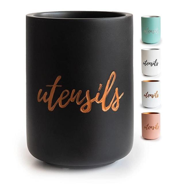 Black Utensil Holder for Countertop - Stylish Black & Copper Utensil Holder for Black Kitchen Accessories & Copper Kitchen Accessories - Black Utensil Crock for Black Kitchen Decor & Farmhouse Decor