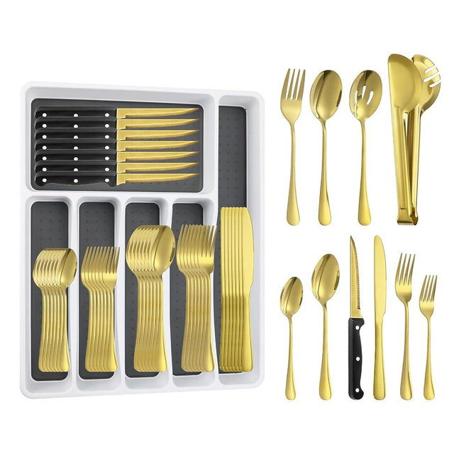 65PCS Gold Silverware Set for 10 with Flatware Drawer Organizer, Stainless Steel Cutlery Set with Steak Knives, Include Spoons and Forks Set & Serving Utensils, Mirror Polished, Dishwasher Safe