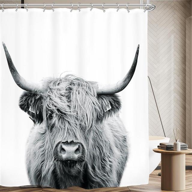 AMBZEK Western Cow Shower Curtain 72Wx72H Inch Bull Highland Cow Portrait Primitive Farm Bathroom Accessories Farmhouse Cattle Animal Wildlife Funny White Art Fabric Bathroom Decor Set with 12 Hooks