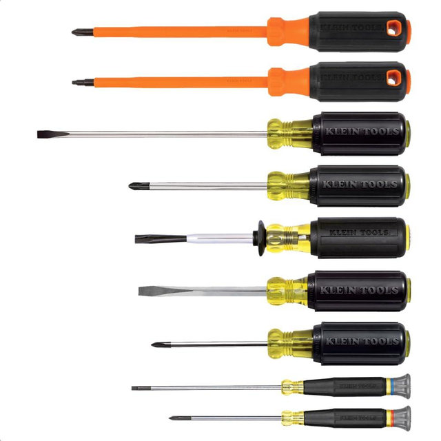 Klein Tools 85850 9-Piece Electrician Tool Set with (3) Phillips, (3) Slotted, (1) Screw-Holding Driver, (2) Insulated Drivers - Phillips and Square, Cushion-Grip Handle