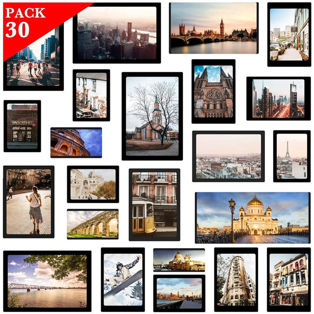 Magnetic Photo Frame, 30 pack Picture Collage Frame, Holds 4X6", 3.5X5", 3X4.5", 2.5X3.5 inches, and a Free Combination Dimensions, Use for Refrigerator,Dishwasher and Other Metallic Surfaces, Black