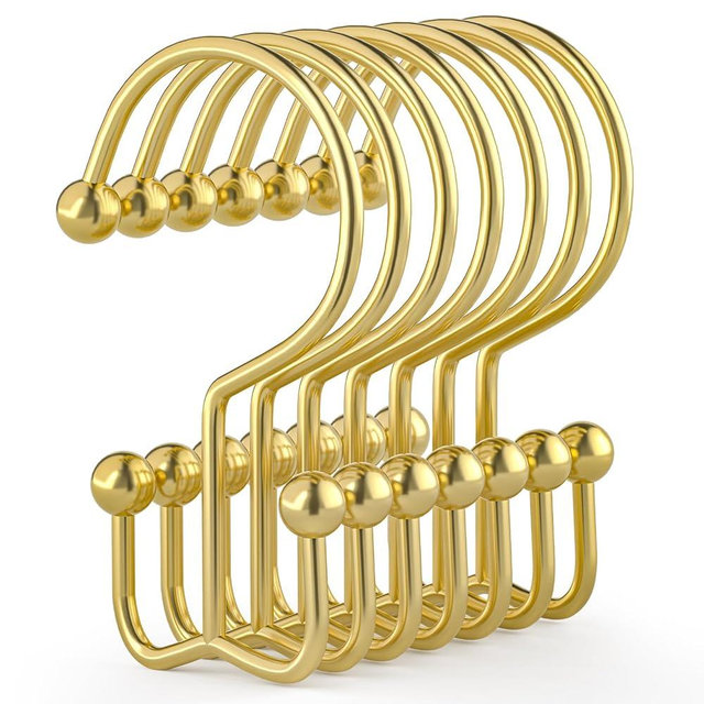 Goowin Shower Curtain Hooks, 12 Pcs Shower Curtain Rings, Durable Gold Shower Curtain Hooks, Double Glide Shower Curtain Rings Rust Proof, Simple Shower Hooks for Shower Curtain & Liner, Gold