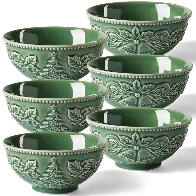 Metahom Christmas Tree Ceramic Bowls, 26 Oz Cereal Bowls for Kitchen, Green Embossed Soup Bowls for Dessert, Salad, Ice Cream, Dishwasher and Microwave Safe, Set of 6