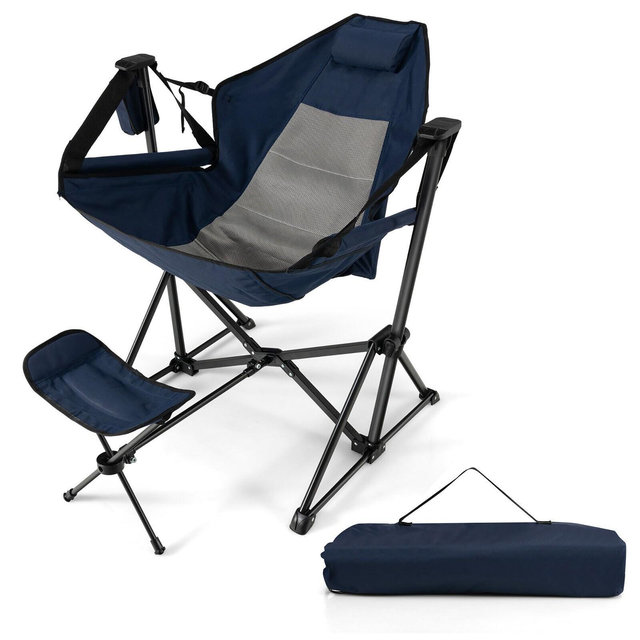 Costway Hammock Camping Chair w/ Retractable Footrest & Carrying Bag for Camping Picnic Navy