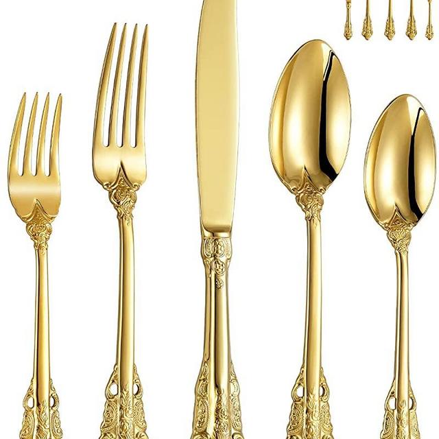 KEAWELL Gorgeous 45 Piece Gold Flatware Box Sets of Steel Knives and Forks, Heavy Tableware Antique Gold Flatware Set, Gold Flatware 18/10 Service for 8,Antique Baroque Gold-plated Style Flatware Set