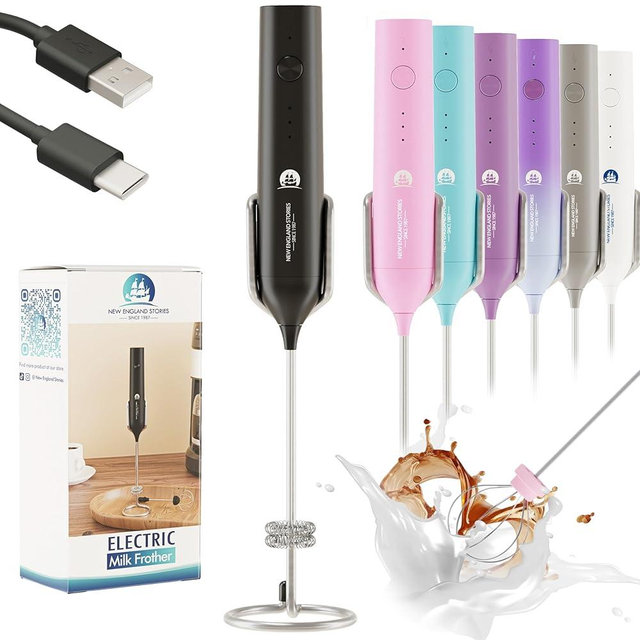 Rechargeable Milk Frother Wand with Stand, Foam Maker with Stainless Whisk, 3-Speeds Electric Handheld Drink Mixer for Coffee, Cappuccino, Latte, Matcha, Hot Chocolate (Black)