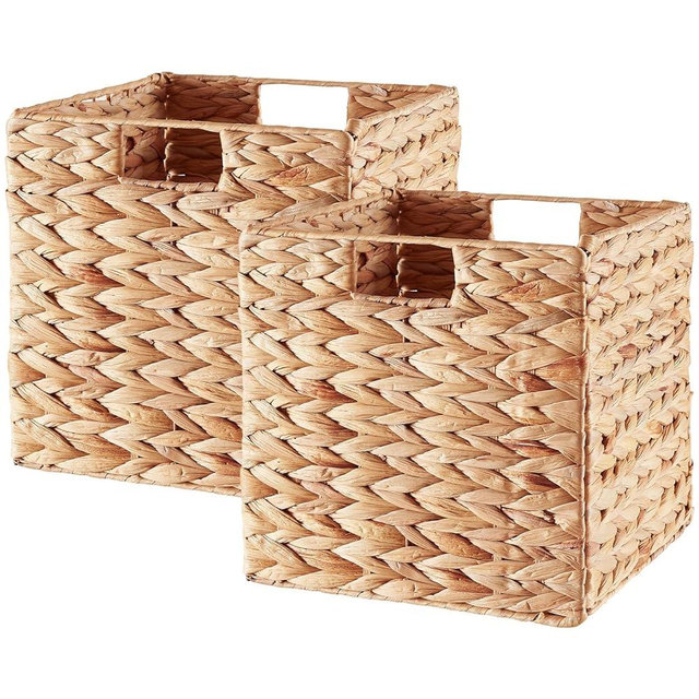 Vagusicc Storage Basket, Set of 2 Hand-woven Water Hyacinth Storage Baskets, Foldable Wicker Storage Basket 9 Inch Cube Storage Bins for Shelves Organizer Square Shelf Baskets, 9''x9''x9''