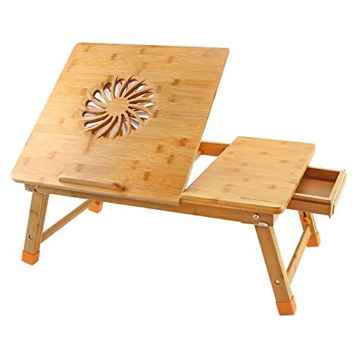 Laptop Desk Large NNEEWVANTE Adjustable Laptop Desk Table 100% Bamboo with USB Fan Foldable Breakfast Serving Bed Tray w' Drawer, Leg Cover