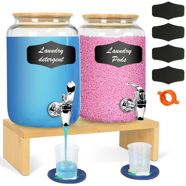 2PCS 1Gallon Glass Laundry Detergent Dispenser Set with Bamboo Lids and Stand - Liquid Soap and Fabric Softener Dispensers with Spigots, Cups, Labels and Mats, Laundry Room Organization and Storage