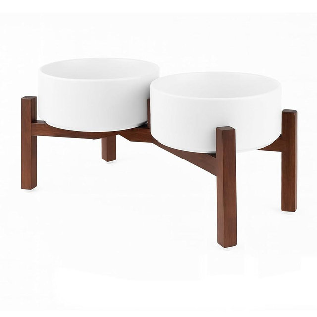 SPUNKYJUNKY Raised Ceramic Dog Bowls Set with Non-Slip Acacia Wood Stand for Medium Sized Dog(42.27 OZ, White)