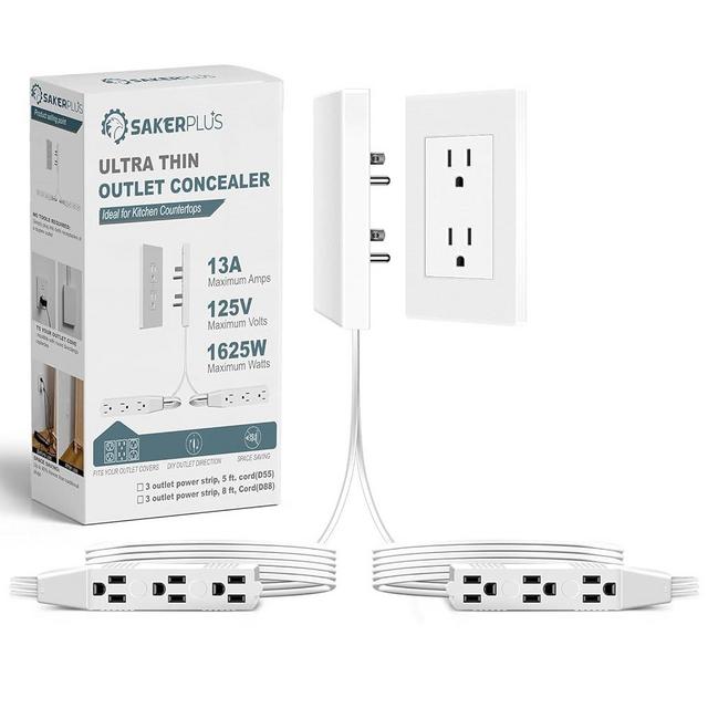 SakerPlus Outlet Concealer Power Strip-Outlet Cover Extender with 3AC Outlets-5ft Flat Plug Extension Cord,Universal Size,1625W for Kitchen, Home and Office,Child & Pet Safe(Dual 5 Foot)