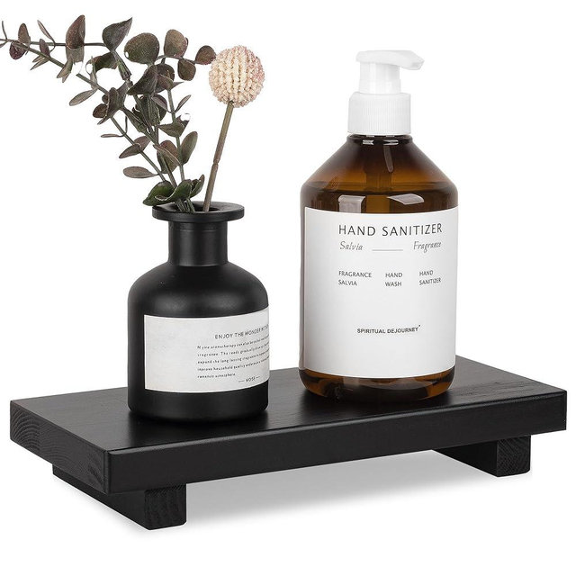 Bathroom Counter Organizer Wood Pedestal Stand Farmhouse Decorative Tray Soap Holder for Kitchen Decor, Large 10" x 4.5" - Black