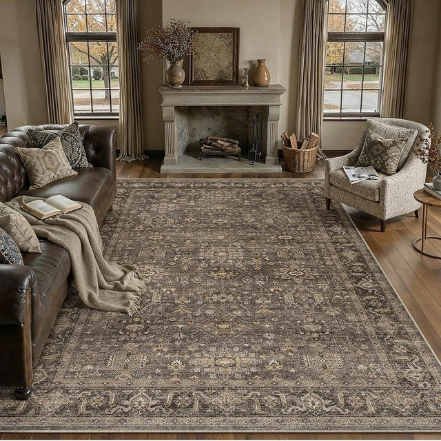 WondRg 8x10 Washable Area Rug for Living Room Bedroom Vintage Brown Non Slip Carpet Traditional Retro Soft Low Pile Large Throw Rug for Dining Room Kitchen Office Indoor