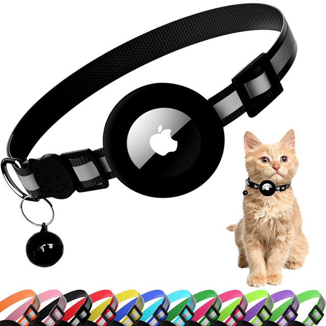 Seyezo Cat Collar with Air Tag Holder, Reflective Kitten Collar with Bell, Breakaway Airtag Cat Collar for Boys Girls Cats, GPS Tracker for Cats 0.4’’ Width Adjustable Safe Kitty Collar, Black