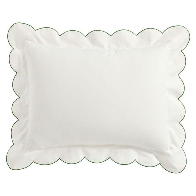 Scalloped Embroidered Sham, White/Green, Standard