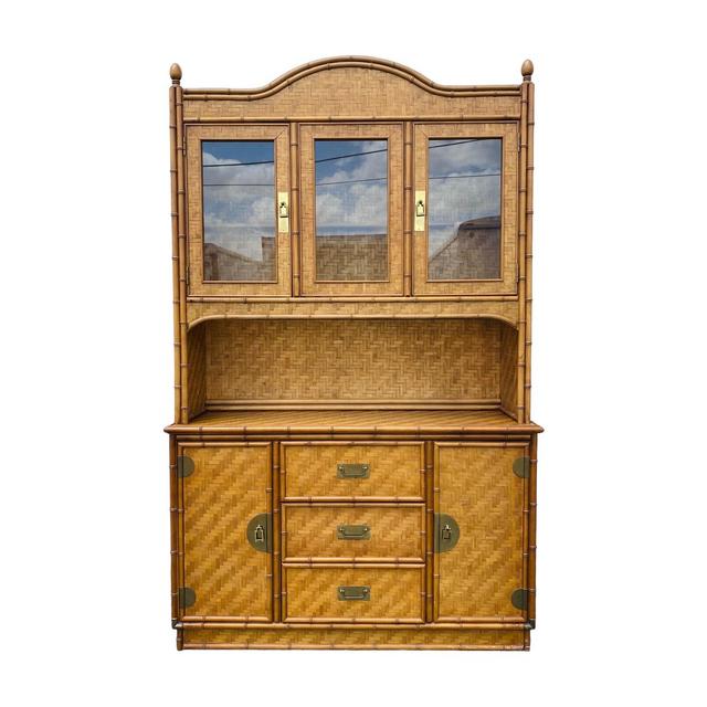 Rattan China Cabinet By Dixie - Vintage 2pc Buffet & Lighted Hutch with Boho Chic Herringbone Wicker, Faux Bamboo and Glass Display Case