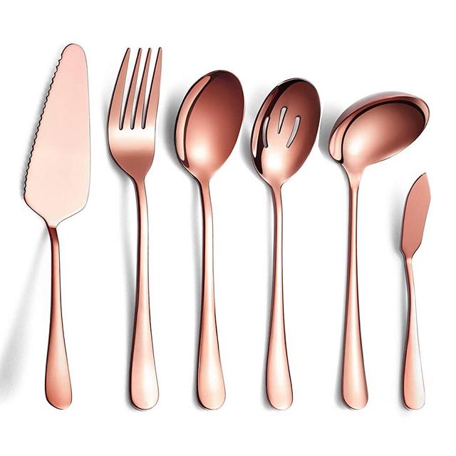 6-Piece Copper Serving Flatware Silverware Set,Stainless Steel Serving Utensil Set,Include Cake Server, Slotted Serving Spoon, Serving Spoon, Cold Meat Fork, Butter Knife, Soup Ladle