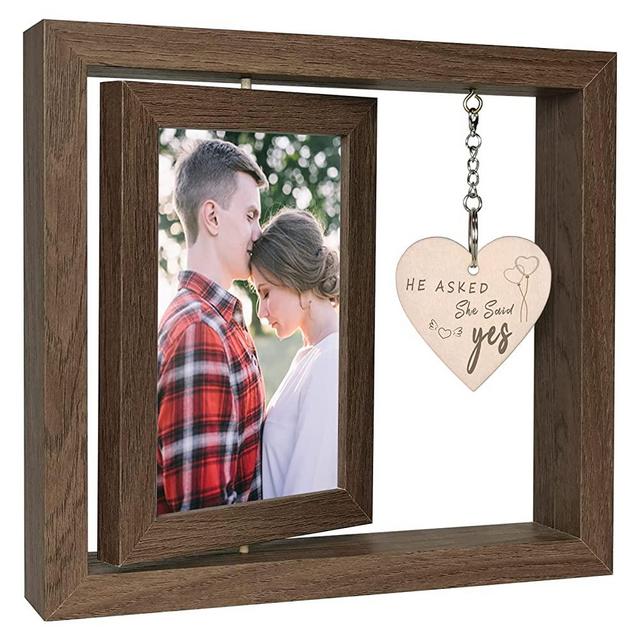EYITUPC He Asked She Said Yes Picture Frame Engagement Gifts for Couples, Rustic Wood Floating Frames Engagement Gifts for Women