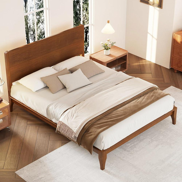 LZ LEISURE ZONE Mid-Century Modern Queen Bamboo Platform Bed with Headboard,Wood Slat,Center Support Legs,8" Height Under Bed Storage,No Box Spring(Brown)