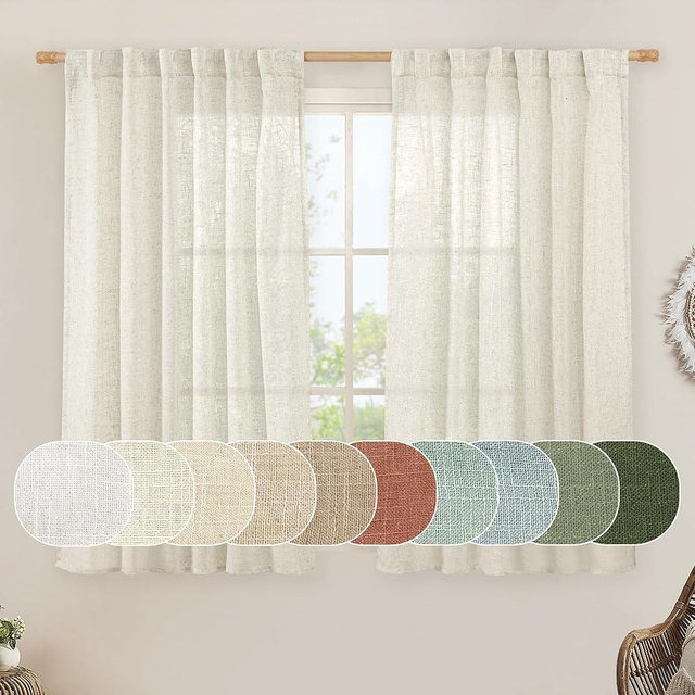 LAMIT Natural Linen Semi Sheer Curtains 48 Inch for Bedroom, Light Filtering Neutral Window Curtains Farmhouse Boho Back Tab and Rod Pocket Panels, Natural Cream Ivory, 2 Panels, 52 x 48 Inch