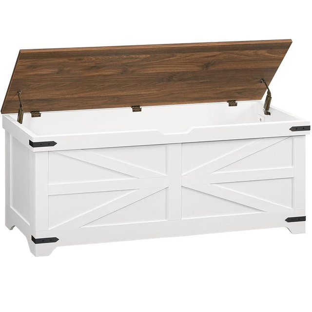 MAHANCRIS Large Toy Chest, 47.2" Wooden Toy Box with 2 Safety Hinges, Farmhouse Style Storage Bench, Blanket Storage Chest for Living Room, Entryway, Bedroom, White+Walnut SCBZ18601