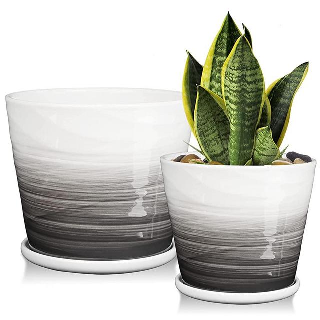 YUFDA Ceramic Plant Pots Set of 2, 5.5+6.7 Inch Indoor Plant Pots with Drainage Hole and Saucer, Modern Planter Flower Pots (Grey+White, Planter Only)