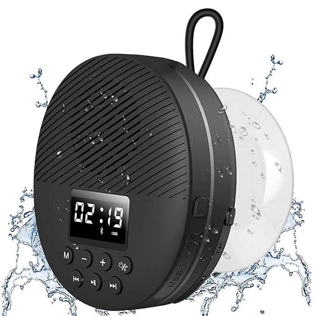 Shower Radio Speaker with Bluetooth 5.0, AGPTEK Waterproof Wireless Bathroom FM with Suction Cup 12H Long Playback Time, Lanyard, LCD Screen Display, Handsfree Calling, Storage Card Playback Black