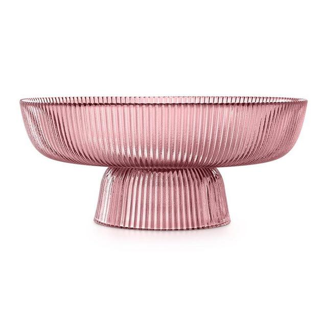 Navaris Glass Fruit Bowl - Decorative Fluted Coloured Glass Bowl for Fruit Snacks Sweets - 26cm Diameter Table Centerpiece Dish - Red Tinted Glass