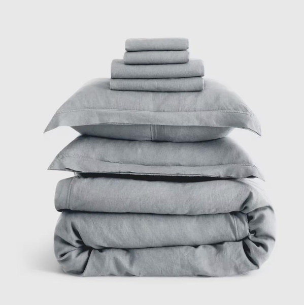 Color: Mist, Size: King - European Linen Double Flange Deluxe Bedding Bundle - Mist, King