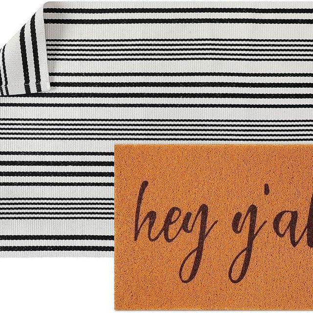 Maasechs 2 Pcs Hey Y'all Doormat 24'' x 35'' Black White Stripes Outdoor Rug and 24'' x 16'' Hey Yall Coir Doormat Welcome Mat Non Slip Floor Mat for Outside Entrance Front Porch(Hey Y'all)