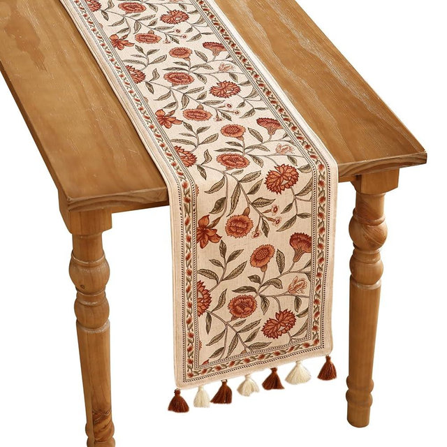ISAENNE Designer Elegant Linen Table Runner 71 Inches Long,Vintage Orange Floral Pattern Table Runners for Dining Tables,Kitchen Decor,Thanksgiving,Christmas,Banquet,12"*71"-Alvarado A
